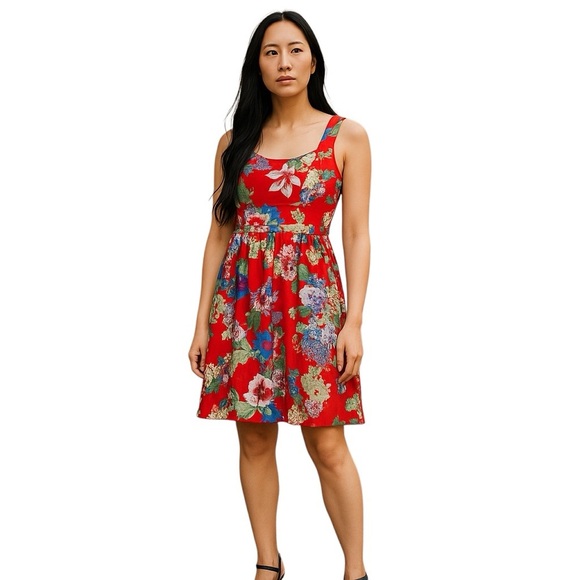 eShakti Womens Size XS Red Multi-Color Floral Sleeveless Skater Dress - Picture 1 of 5